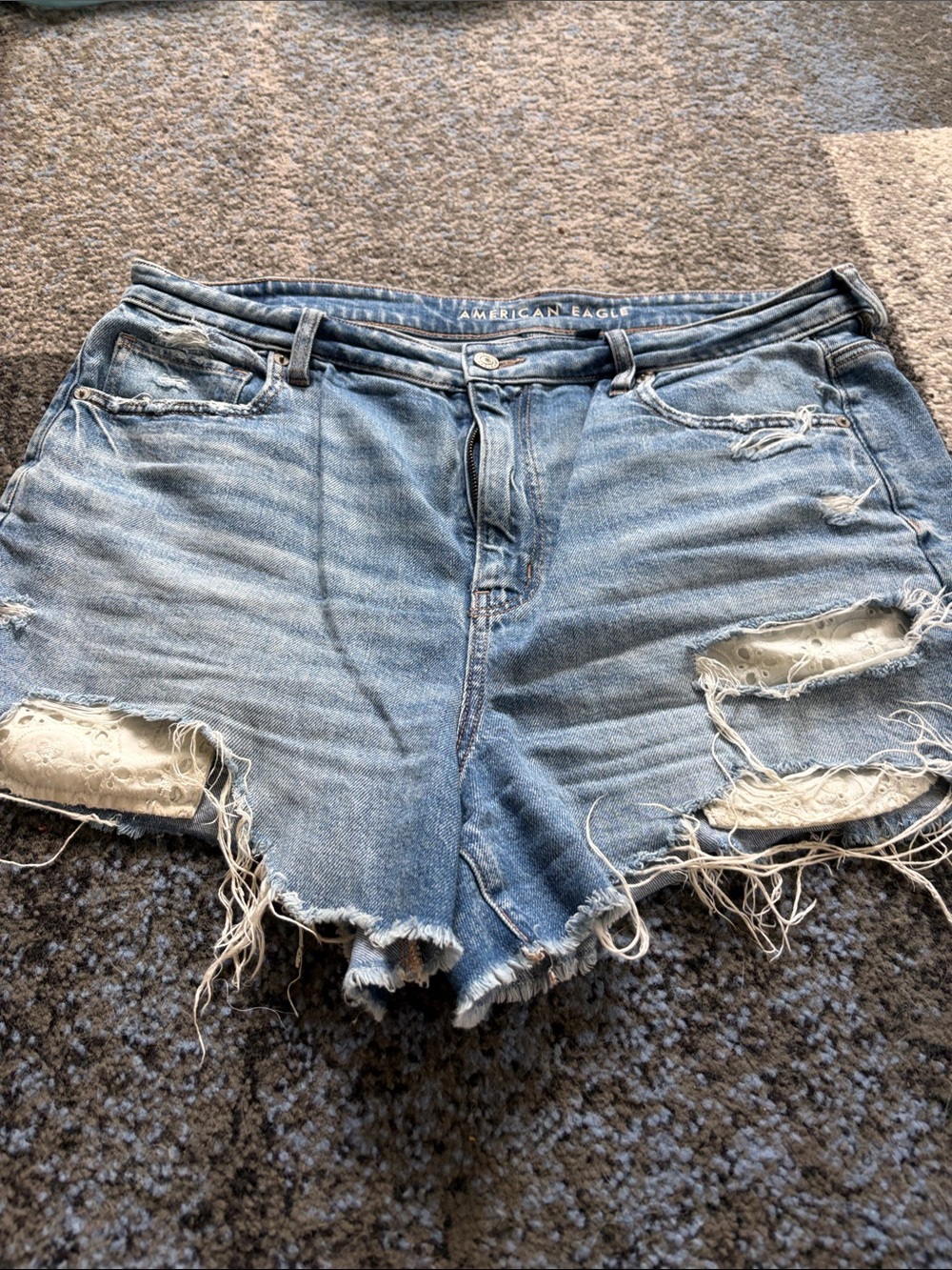 American Eagle Outfitters Light Blue Distressed Lace-Inset Denim Shorts